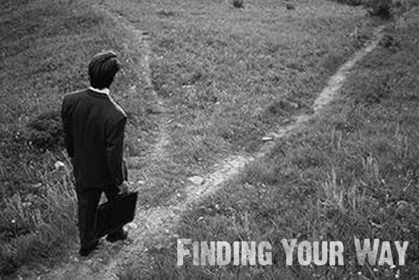 Enter — a figure with a briefcase stands at a fork in a grassy path, titled "Finding Your Way"